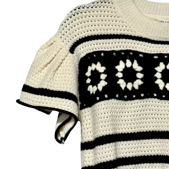 BIBI Floral Crochet Ruffle Flutter Sleeve Striped Cottagecore Sweater Blouse Top - Picture 5 of 11